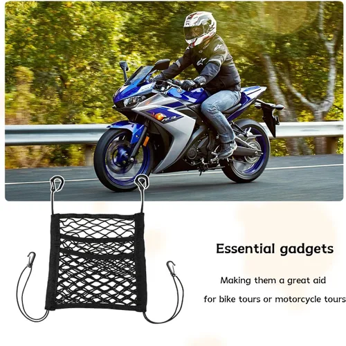 Vista 10 de Red de Carga para Motocicleta para Almacenamiento de Casco, 9.4''×10.6'' Red Bungee de Triple Capa de Alta Elasticidad con 4 Ganchos, Bolsillo