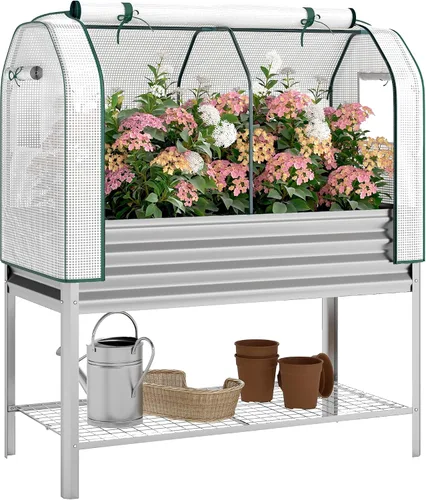 Vista 10 de Outsunny Cama de jardín elevada galvanizada con cubierta de invernadero, cama de jardín elevada de metal con patas, forro de cama y estante