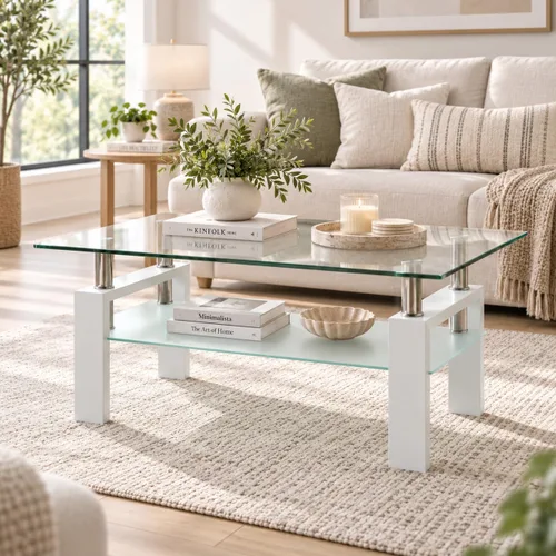 Vista 9 de Mesa de centro de vidrio rectangular Meihua de 2 niveles, mesa de té moderna, mesa auxiliar de café para sala de estar (todo negro)
