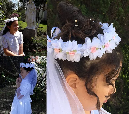 Vista 2 de Corona de flores con velo para niñas, ideal para eventos como bodas