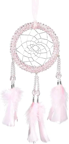 Vista 9 de Atrapasueños de lujo, pluma de gallo rosa claro con diamante de cristal, pequeño atrapasueños hecho a mano para dormitorio, un atrapasueños