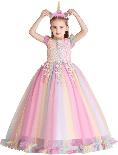 Vista 4 de Vestido de tul de unicornio arcoíris para niñas, vestido de princesa para cumpleaños, Halloween, Navidad, concurso de baile, fiesta de baile