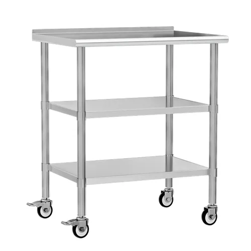 Vista 19 de Mesa de trabajo de acero inoxidable con ruedas, 24x24 pulgadas, mesa de preparación de alimentos NSF con salpicadero y estante inferior ajustable