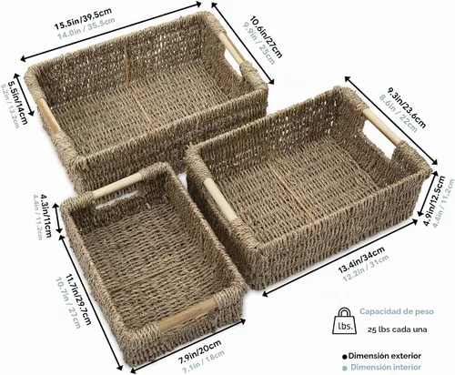 Vista 6 de VATIMA Cestas de hierba marina con asas de madera, juego de 3 cestas decorativas de mimbre natural para cocina junco marino