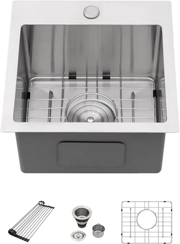 Vista 15 de Fregadero de cocina para exteriores 15 x 15 pulgadas, fregadero de bar de 15 x 15 pulgadas, fregaderos de cocina de acero inoxidable de calibre 16