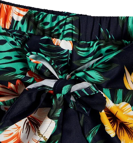Vista 5 de OYOANGLE Conjunto de 2 piezas de verano para niña con parte delantera torcida y pantalones cortos con cinturón floral