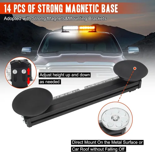 Vista 5 de Luz estroboscópica LED ámbar blanca para techo de camión de 12.2 pulgadas, inalámbrica, recargable, luces estroboscópicas de emergencia con base