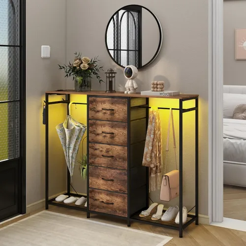 Vista 2 de Espelism Cómoda para dormitorio con perchero, cómoda de 5 cajones con estación de carga, luces LED, cómoda blanca, estante flexible y espacio