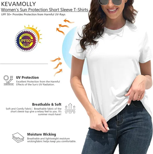 Vista 3 de KevaMolly Camisetas básicas para mujer UPF 50+ de manga corta, casuales, de verano, trendy, de ajuste holgado, de una sola pieza