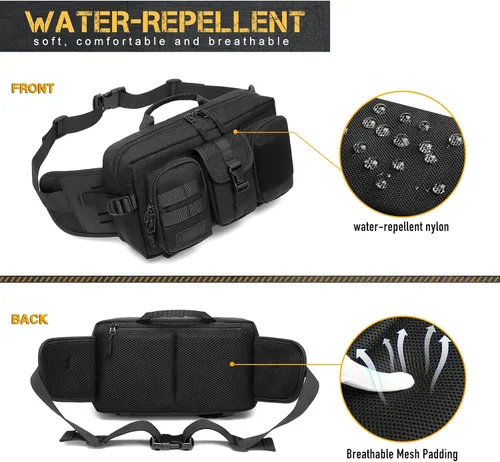 Vista 3 de ATZB Riñonera táctica para hombre, bandolera en el pecho, hombro cruzado, riñonera para senderismo, Negro