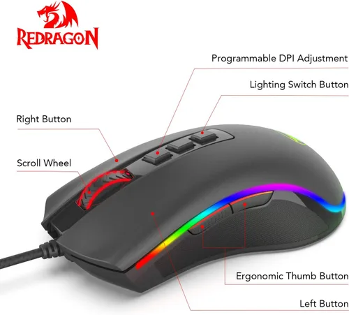 Vista 5 de Redragon M711 Cobra - Mouse para videojuegos con retroiluminación croma RGB de 16.8 millones de colores, 10.000 DPI, 7 botones programables