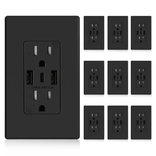 Vista 10 de ELEGRP Tomacorrientes de pared USB, Receptáculos de tomacorrientes de pared USB C de 3 puertos, tomacorrientes negro mate de 15 amperios con 3
