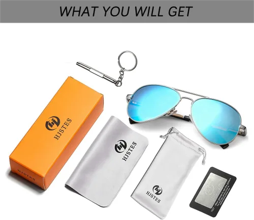 Vista 8 de HJSTES Lentes de sol polarizados estilo aviador para mujeres y hombres, lentes de espejo de metal clásicos, 100% bloqueo UV, 2.283 in