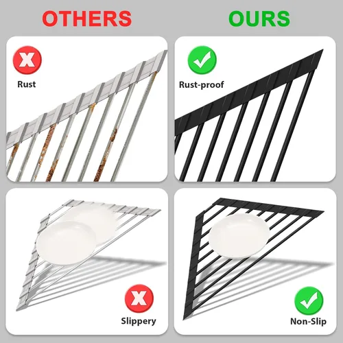 Vista 5 de HANZENMA Estante triangular para fregadero, estante multifuncional sobre la encimera, esterilla plegable para secar el fregadero, resistente al Negro