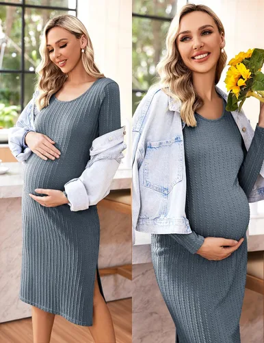 Vista 2 de Ekouaer Maternity Dress Rib Knit Long Sleeve Side Slit Bodycon Dresses Pregnancy Baby Shower Clothes S-XXL