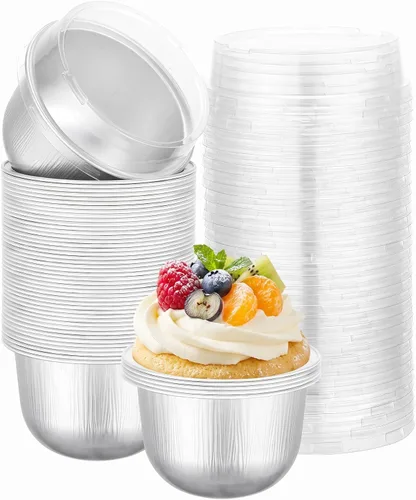 Vista 18 de Beasea Tazas de Ramekin de Aluminio con Tapa, 50 Unidades 6.1oz 180ml Mini Ramekins Desechables de Aluminio para Horno, Tazas Redondas para Cupcakes