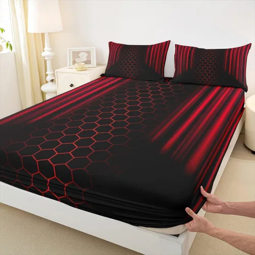 Vista 16 de Manfei Sábana bajera ajustable de panal rojo, tamaño matrimonial, juego de ropa de cama hexagonal geométrica de 3 piezas para decoración de Multi 07