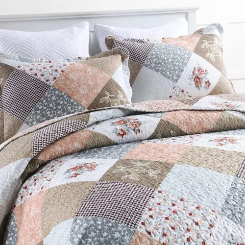 Vista 2 de Homcosan - Juego de colchas para cama tamaño King (98x106 pulgadas), diseño reversible de retazos florales en moka, colcha ligera para todas