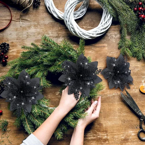 Vista 2 de Canlierr 12 piezas flores de Pascua de Navidad de 5.7 pulgadas con purpurina, flores artificiales con clips, adorno de árbol de Navidad para corona