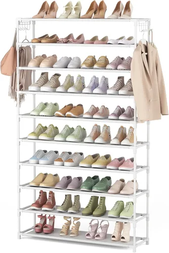 Vista 13 de LANTEFUL Zapatero de 10 niveles, 50 pares, organizador de zapatos alto de gran capacidad, almacenamiento de zapatos resistente con dos ganchos