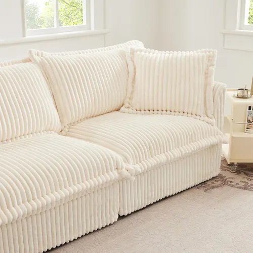 Vista 3 de KEIKI Sofá modular de pana de 83 pulgadas, cómodo juego de sofá nube blanco con 2 almohadas, moderno sofá de asiento con cojines profundos y suaves