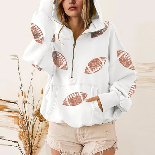 Vista 4 de SeekMe Sudaderas con capucha de lentejuelas para mujer, para el día del partido, suéteres de manga larga con cremallera y bolsillo