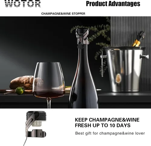 Vista 4 de WOTOR Tapones para botella de vino y champán de acero inoxidable con silicona de grado alimenticio, a prueba de fugas, se mantienen frescos