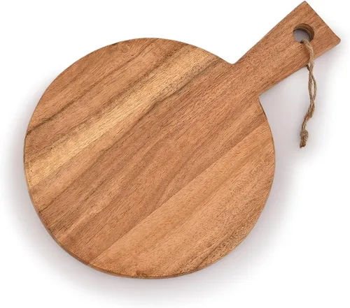 Vista 3 de Samhita Tabla de cortar redonda de madera de acacia con mango para cortar y servir embutidos, queso, pizza, pan, decoración de pared