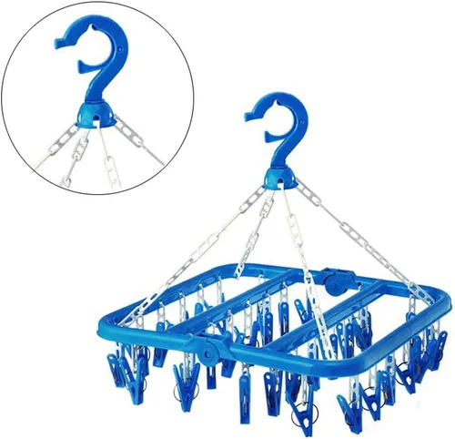 Vista 2 de SteelFever Percha de secado de ropa con 32 clips, estante de secado plegable para ropa interior y calcetines (azul)