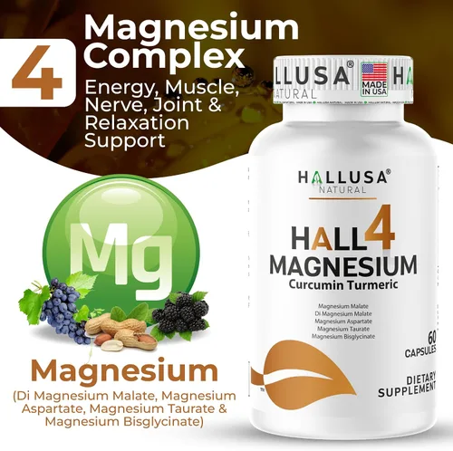 Vista 5 de HALL4 Magnesio 60 cápsulas – 4 complejos de magnesio malato, aspartato, taurato, bisglicinato y curcumina cúrcuma – energía, función muscular, salud
