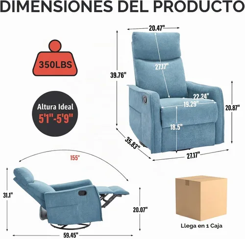 Vista 2 de Silla reclinable giratoria para adultos, masaje y calor, tela, azul