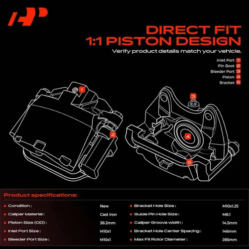 Vista 3 de Conjunto de Pinza de Freno de Disco A-Premium con Soporte Compatible con Modelos Subaru - Forester 2009-2013, Impreza 2008-2014, WRX 2012-2021