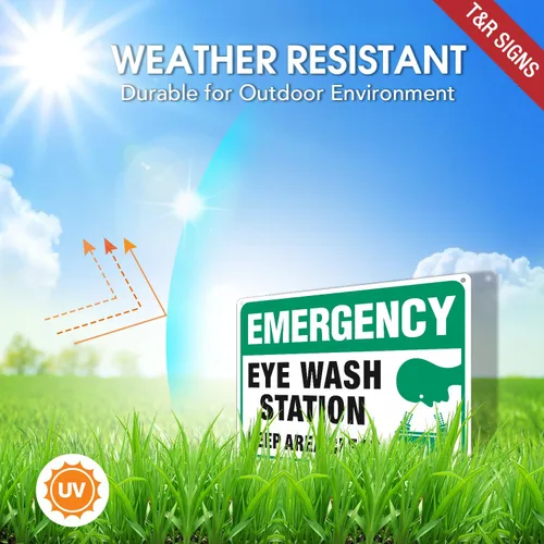 Vista 3 de Letrero de emergencia, estación de lavado de ojos, 2 unidades, 10 x 7 pulgadas, libre de óxido, aluminio 040, protección UV, impermeable, resistente