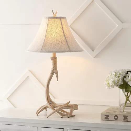 Vista 2 de JONATHAN Y Lámpara de mesa de resina rústica beige de 27.5 pulgadas para sala de estar, dormitorio, pantalla de lino gris claro, lámpara de mesita