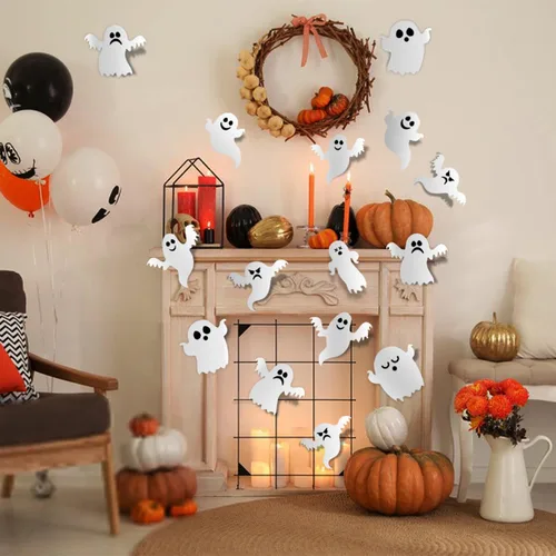 Vista 2 de Calcomanías 3D de fantasmas de Halloween, 42 unidades, reutilizables, autoadhesivas, blancas, para decoración de pared, suministros de fiesta