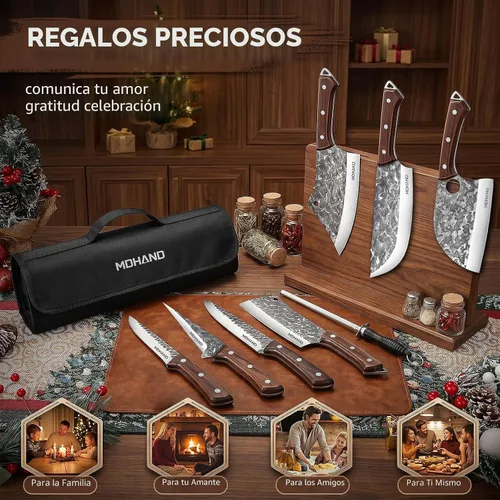 Vista 8 de Juego de cuchillos de carnicero forjados a mano con bolsa de rollo High Carbon Steel 14PCS Meat Cleaver Knife, Bone Chopper Knives, Fillet Knives