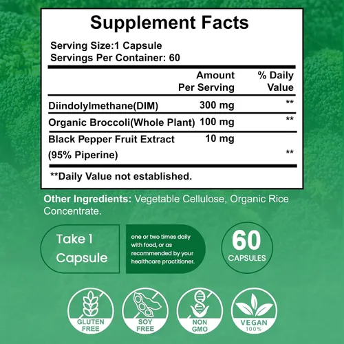 Vista 5 de Suplemento DIM de 300 mg, equilibrio hormonal para mujeres y hombres, metabolismo de estrógeno y apoyo a la menopausia, soporte antioxidante