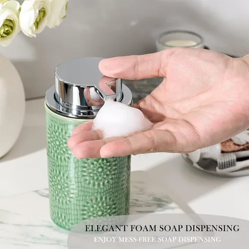 Vista 2 de Dispensador de Jabón de Espuma Verde, Dispensador de Espuma para Cocina y Baño, Dispensador de Jabón Cerámico con Bomba de Espuma para Jabón