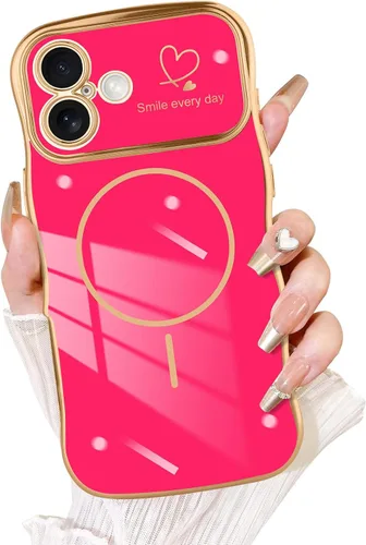Vista 27 de Fiyart - Funda diseñada para iPhone 16 Pro, marco de onda lindo con forma rizada, corazones de amor chapados para mujeres y niñas, protección