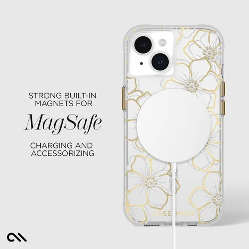 Vista 4 de Case-Mate Funda para iPhone 15 – Gemas florales [protección contra caídas de 12 pies] [compatible con MagSafe] Funda magnética con diamantes