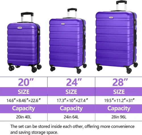 Vista 3 de AnyZip Maleta ligera de policarbonato ABS con 4 ruedas universales TSA Lock, Púrpura violeta