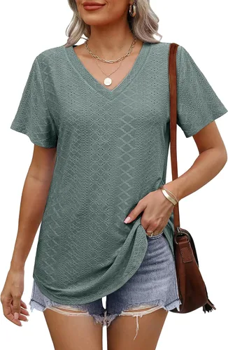 Vista 2 de OFEEFAN Camisetas básicas de manga corta con cuello en V para mujer, ajuste holgado, con dobladillo curvado B-verde