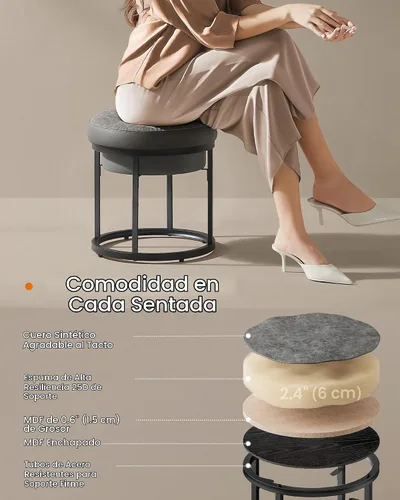 Vista 5 de SONGMICS HOME LUIZ Collection - Otomana reposapiés, otomana redonda, taburete de tocador, reposapiés, tapa reversible, mesa auxiliar, carga máx. 660