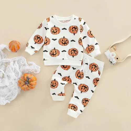 Vista 2 de Kayotuas Conjunto de camisa y pantalones de manga larga con cuello redondo para bebé, disfraz de calabaza, fantasma, calabaza, fantasma, camiseta