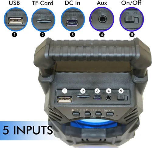 Vista 5 de Technical Pro Altavoz Bluetooth compacto recargable portátil con LED USB/FM/TF, diseño ligero y compacto que lo convierte en el altavoz perfecto
