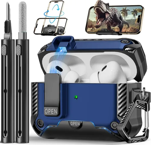 Vista 20 de Funda para AirPods Pro de 2ª Generación con Soporte para Teléfono, Protección Completa contra Caídas con Diseño de Interruptor Automático a Presión