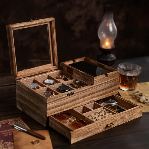 Vista 8 de Pinzoveco Caja Organizadora de Relojes para Hombres, Caja de Joyería para Hombres de 6 Compartimentos Exhibición y Almacenamiento de Relojes, Caja
