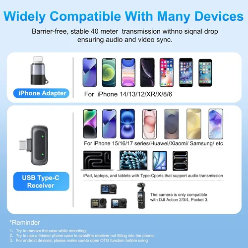 Vista 9 de Mini micrófono de solapa USB-C, micrófono Lavalier ligero de 0.18 oz con cancelación de ruido para iPhone 17/16/15 y Android, configuración de audio