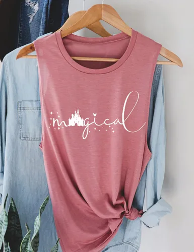 Vista 4 de Camisetas sin mangas mágicas para mujer, chaleco gráfico Magic Kingdom Castle para verano, casual, vacaciones, sin mangas