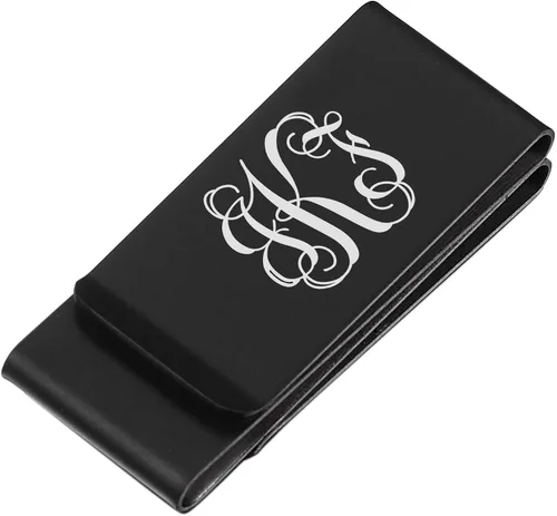 Vista 8 de Visol Clip de dinero negro mate de doble pliegue noble personalizado con grabado láser gratis [A] Circle Monogram